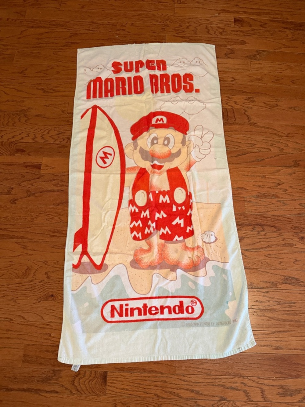 Vintage Nintendo Super Mario Bros Beach Towel 80s Mario Mushroom Gamer Decor